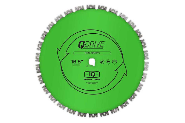 Green circular saw blade with 'QDrive' branding on a white background