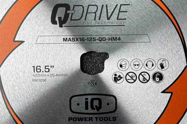 Circular saw blade with Q-Drive and iQ Power Tools branding
