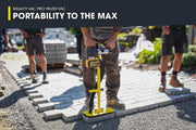 Person using a paver vac on a construction site with text about portability.