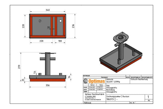 Technical drawing of a pad with dimensions and Optimas branding.