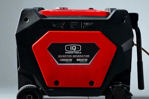 Red and black inverter generator with IQ Power Tools branding on a gray background