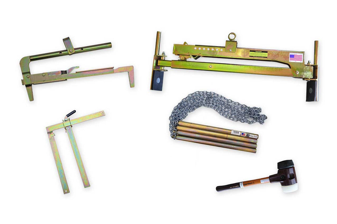 Collection of tools including a hat, mallet, and block clamps on a white background